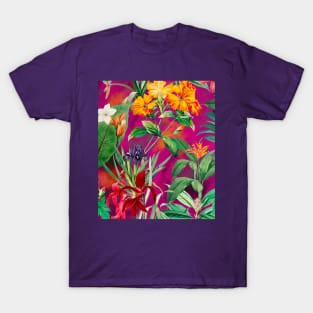 Colorful tropical floral leaves botanical illustration, tropical plants,leaves and flowers, red pink leaves pattern T-Shirt